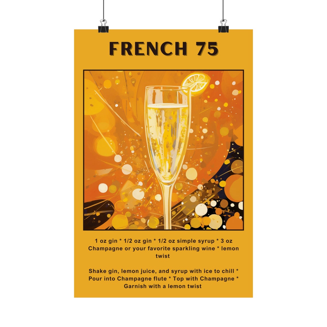 French 75 Cocktail Recipe Poster Champagne Flute Golden Decor - Image 5