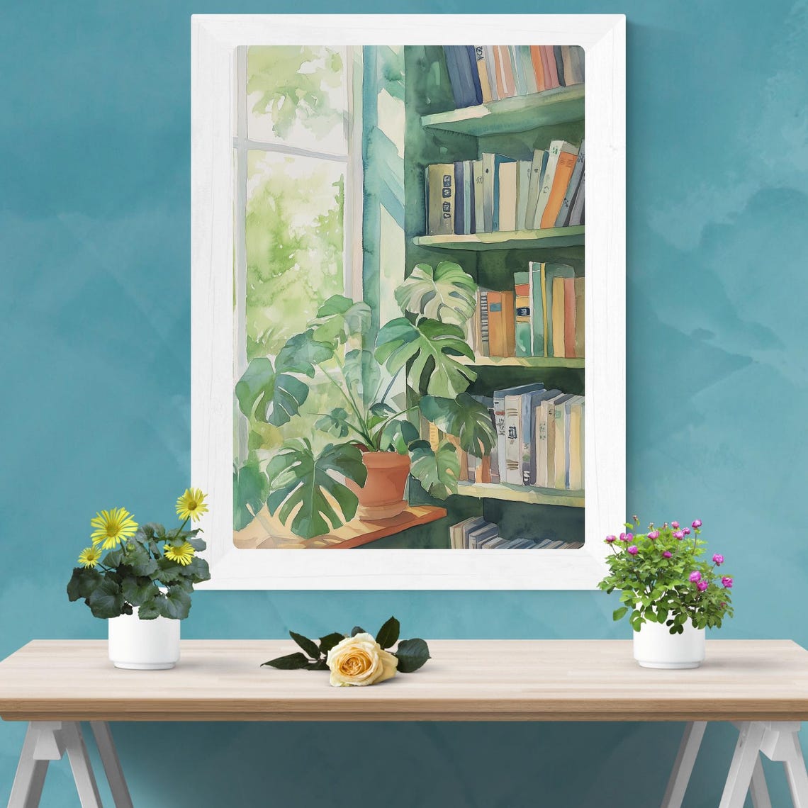 Monstera Plant Window Reading Corner Bookshelf Watercolor Poster - Image 2