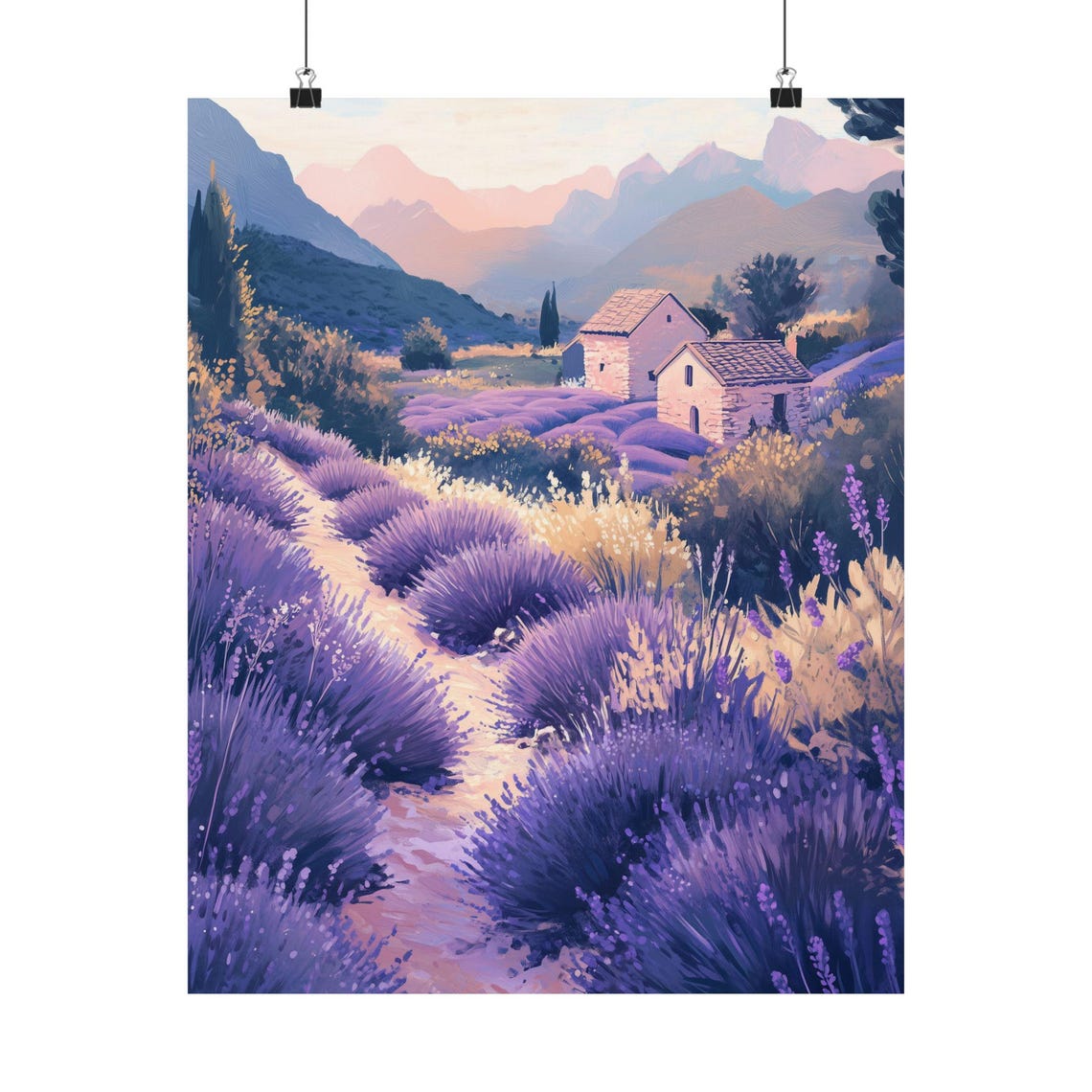 Provence Lavender Fields Sunset Stone Cottages Purple Travel Poster