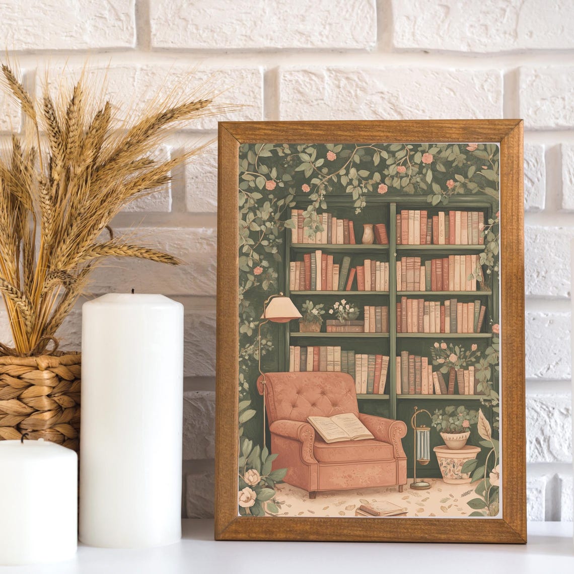 Floral Library with a Pink Armchair Wrapped in Rose Vines Print - Image 3