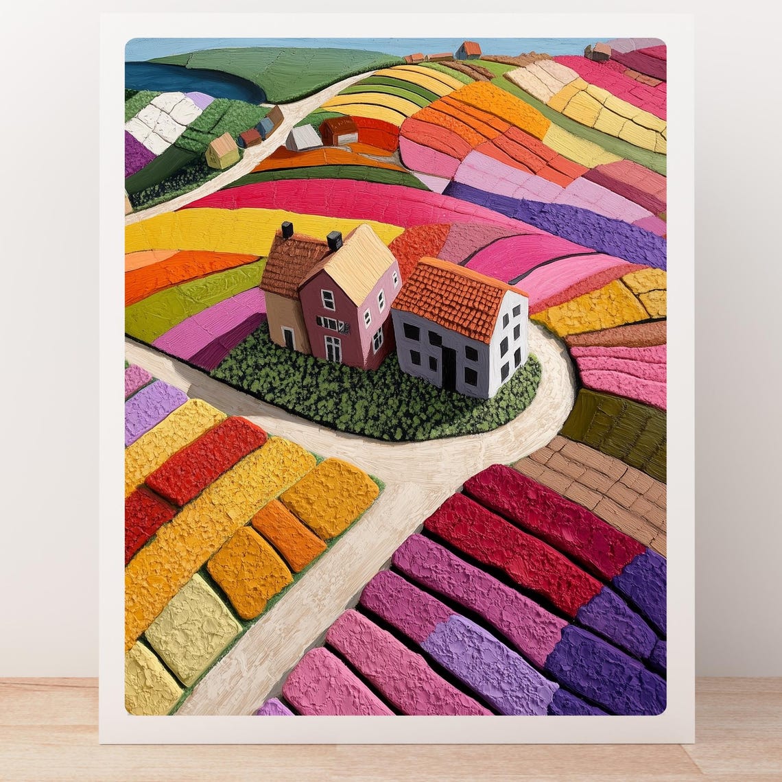Whimsical Striped Tulip Fields with Farmhouses from Above Poster - Image 5