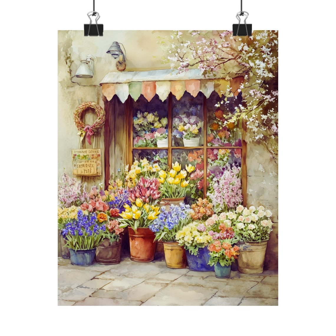 Old English Flower Shop Springtime Storefront Watercolor Poster