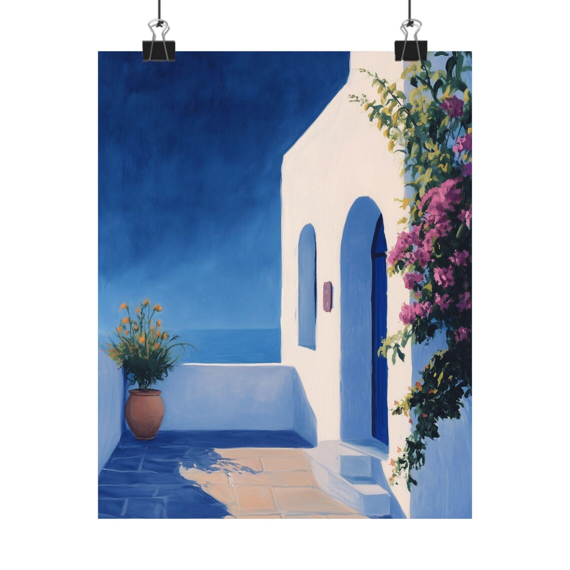 Santorini Greece Courtyard Blue Door Pink Bougainvillea Terrace Poster