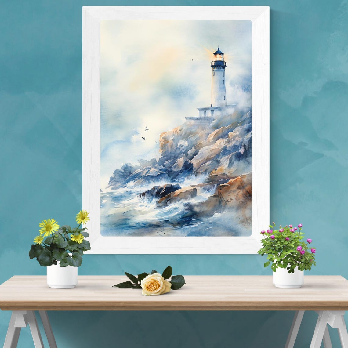 Lighthouse On Rocky Coast Ocean Waves Seagulls Watercolor Poster - Image 2