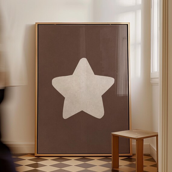 Retro Star Print Handdrawn Wall Art Beige Brown Poster Bar Cart Decor
