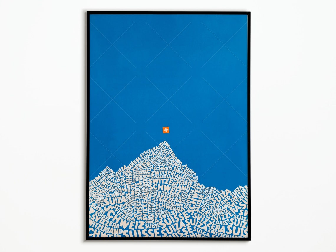 Switzerland Typography Mountain Swiss Flag Blue Minimalist Poster Art