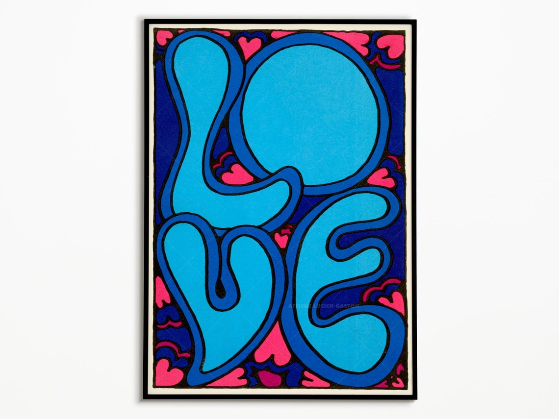LOVE Blue Bubble Letter Psychedelic Sixties Typography Poster