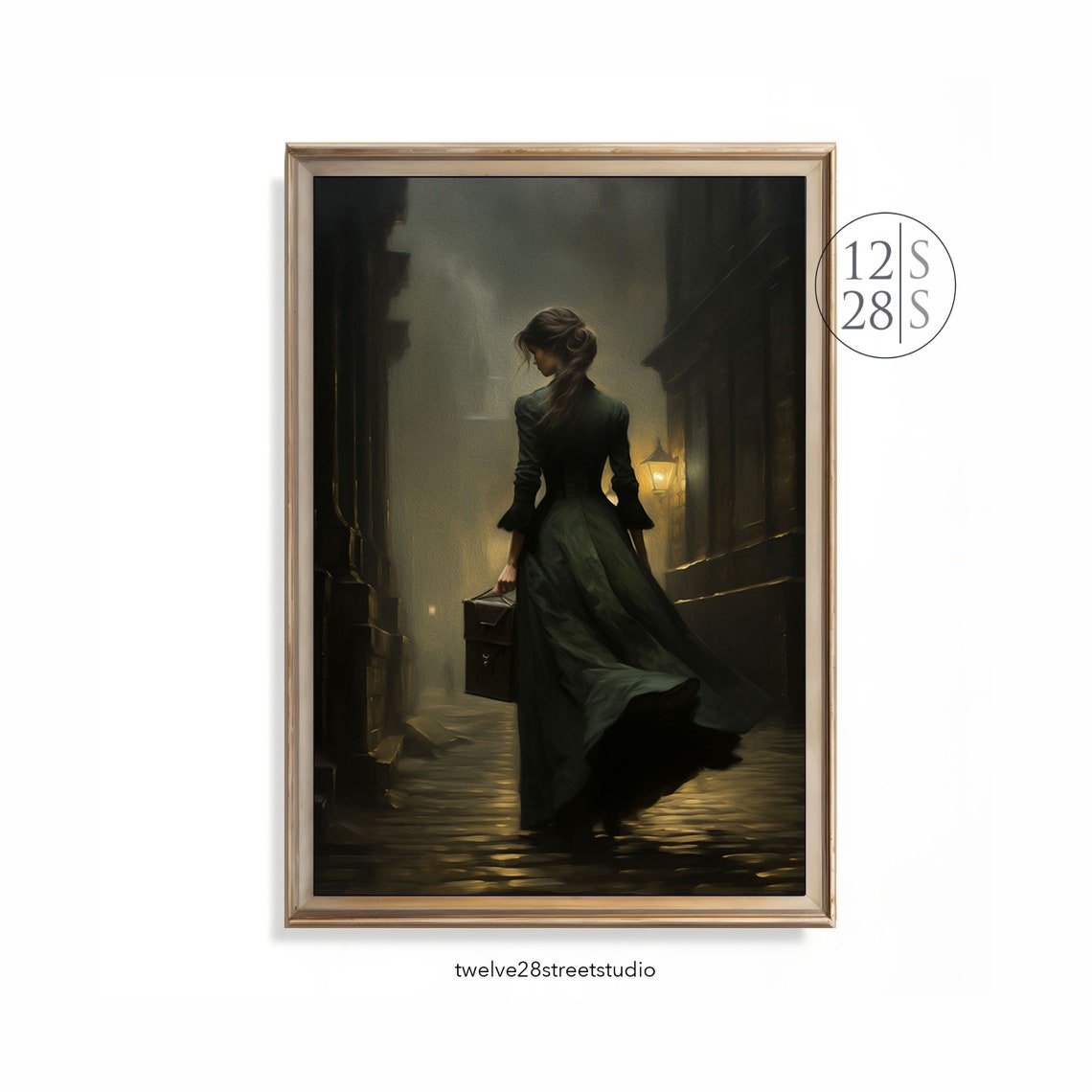 Dark Academia Woman Green Gown Night Gaslit Cobblestone Street Poster