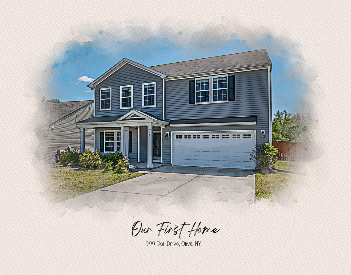 Our First Home Olive NY Soft Gray Sky Watercolor House Portrait Poster - Image 3