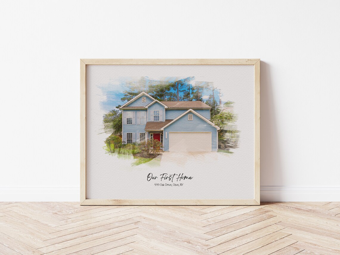 Our First Home Olive NY Bright Sky Watercolor House Portrait Poster - Image 6