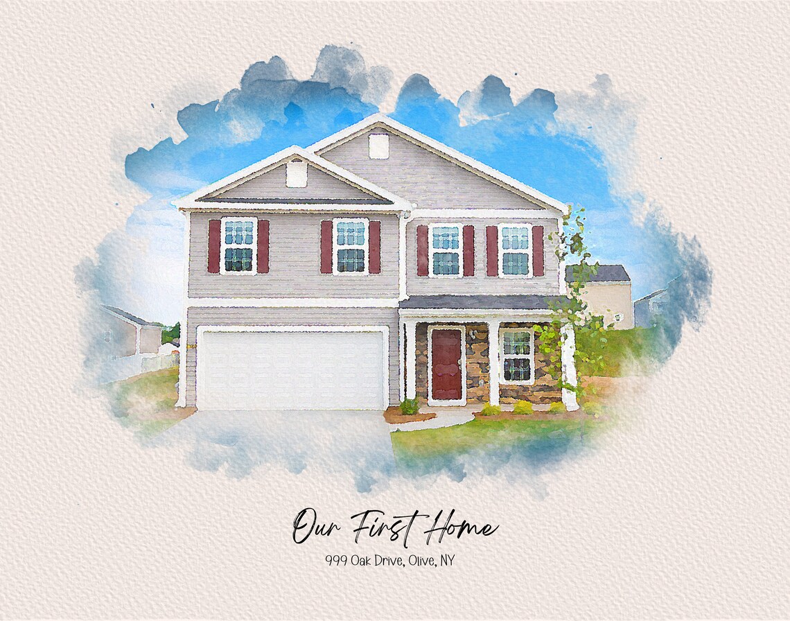 Our First Home Olive NY Pale Wash Sky Watercolor House Portrait Poster - Image 4
