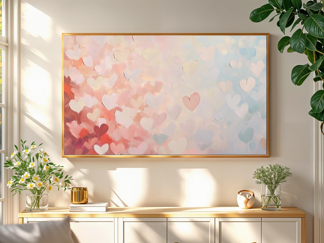 Abstract Pink Hearts Valentine Oil Painting Romantic Art Print - Image 2