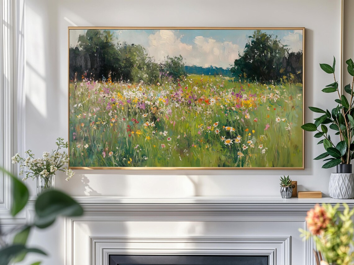 Vintage Spring Wildflower Meadow Landscape Art Print - Image 4