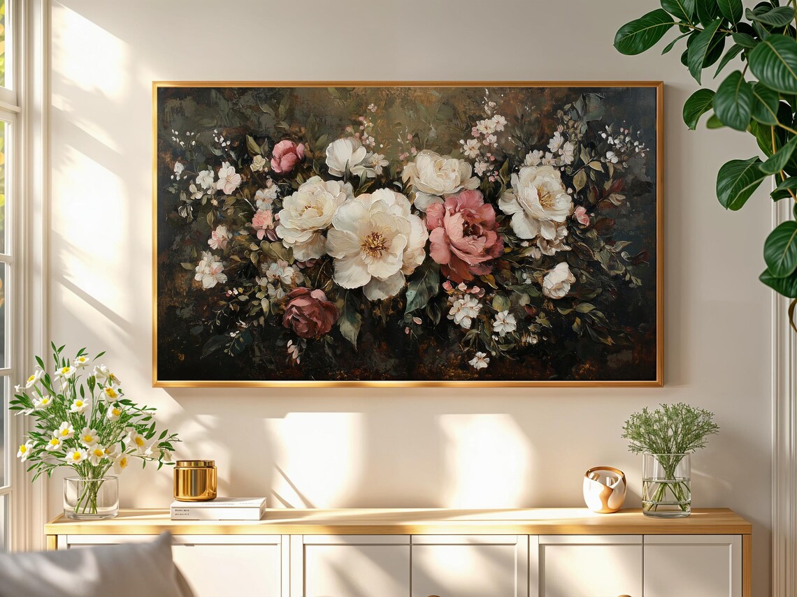 White and Pink Roses Dark Moody Vintage Botanical Floral Art Poster - Image 2