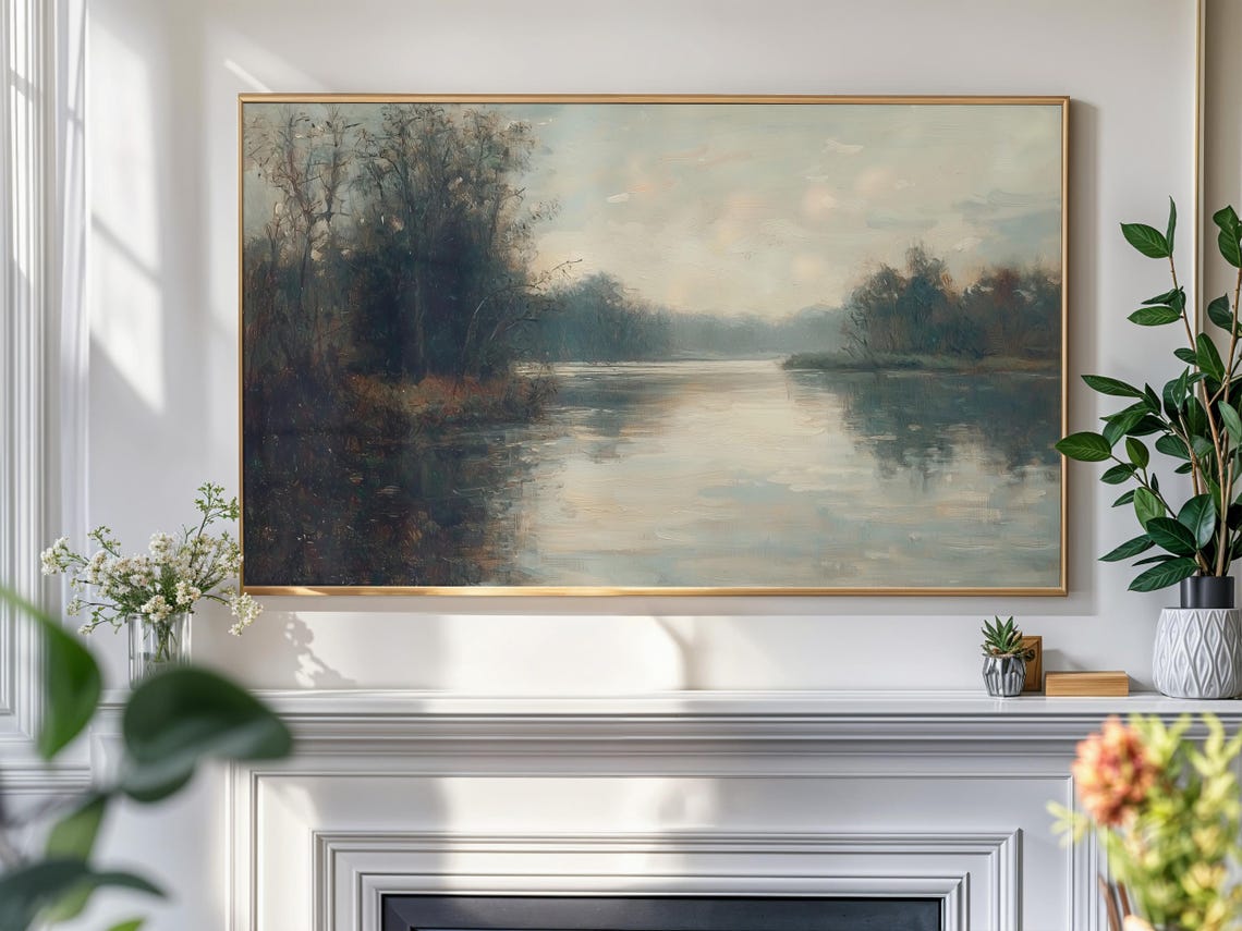 Frame Tv Art Moody Landscape Painting Vintage Rustic Lake Artwork For Frame - Image 4