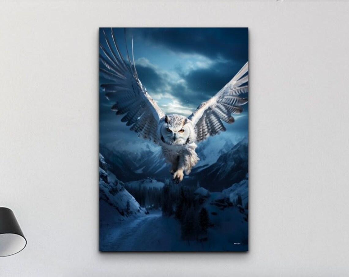 Snowy Owl Soaring Over Moonlit Mountains in the Night Sky Poster