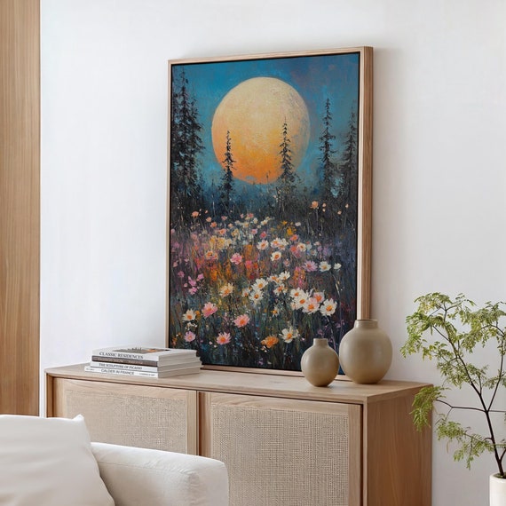 Golden Moon Over Blooming Wildflower Meadow Colorful Impressionist Nightscape With Bold Brushstrokes And Pine Trees Nature Wall Art