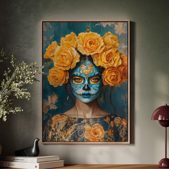 Blue Sugar Skull Art With Orange Roses Day Of The Dead Wall Art Elegant Calavera Mexican Heritage Decor Bold Floral Art Print