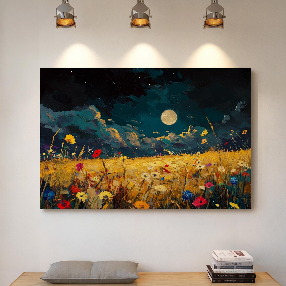 Golden Moonlit Meadow Art Print, Night Sky Wildflowers
