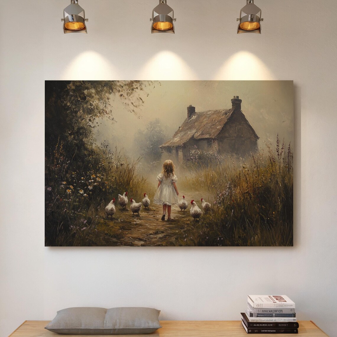 Rustic Cottage Girl With Chickens Vintage Art Print