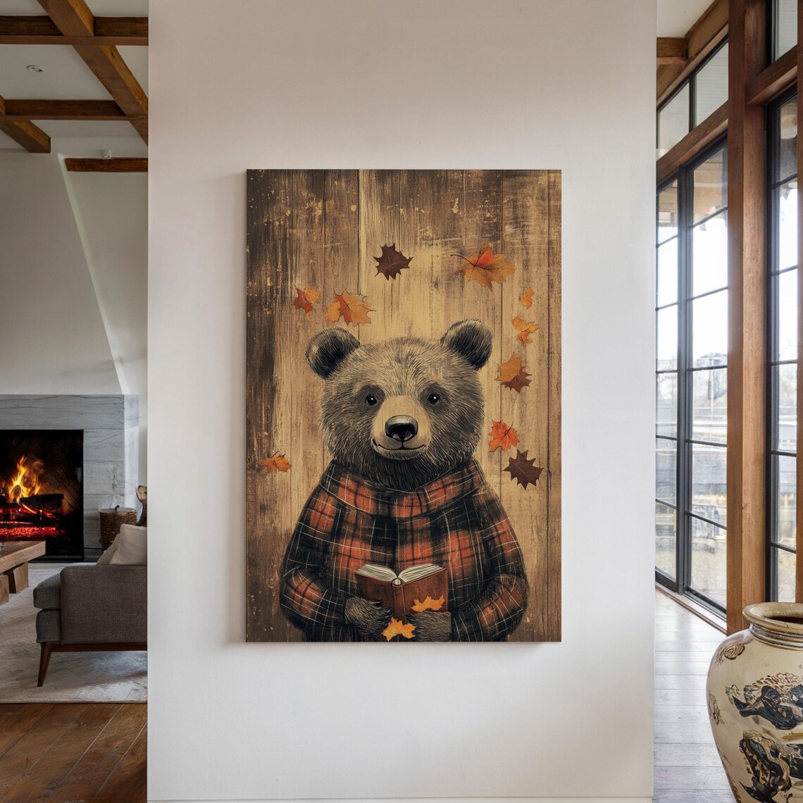 Autumn Bear in Red Plaid Reading a Book Among Fall Leaves Poster - Image 7