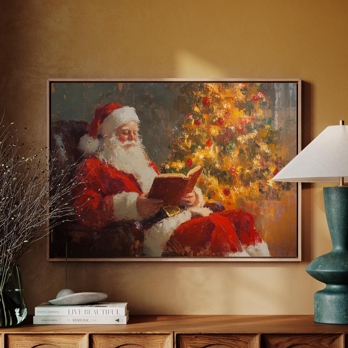 Santa Claus Reading Book Beside Golden Christmas Tree Poster