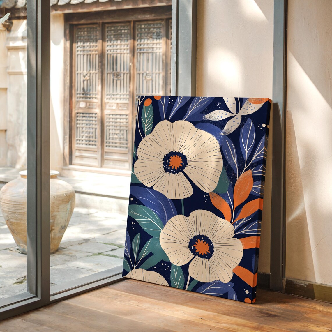 Navy Blue and Orange Floral Botanical Modern Flower Art Poster