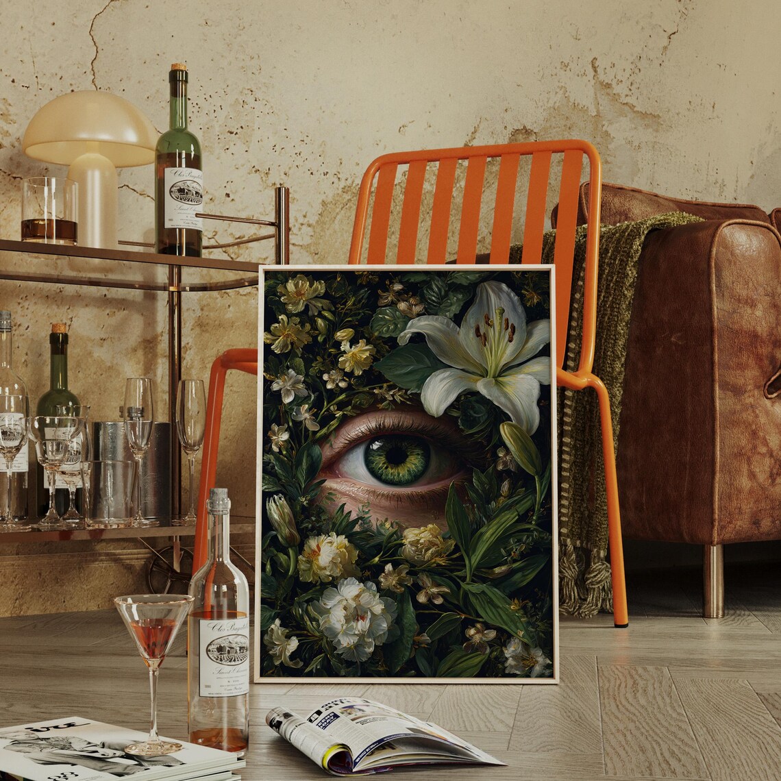 Green Eye Blooming Garden Lilies Surreal Botanical Art Poster