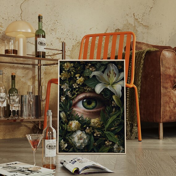 Green Eye Blooming Garden Lilies Surreal Botanical Art Poster