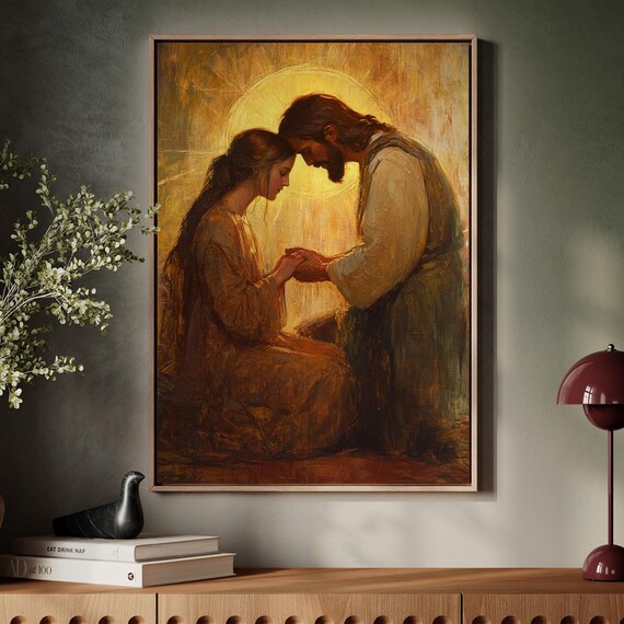 Jesus and a Woman in Tender Prayer With Foreheads Touching Poster