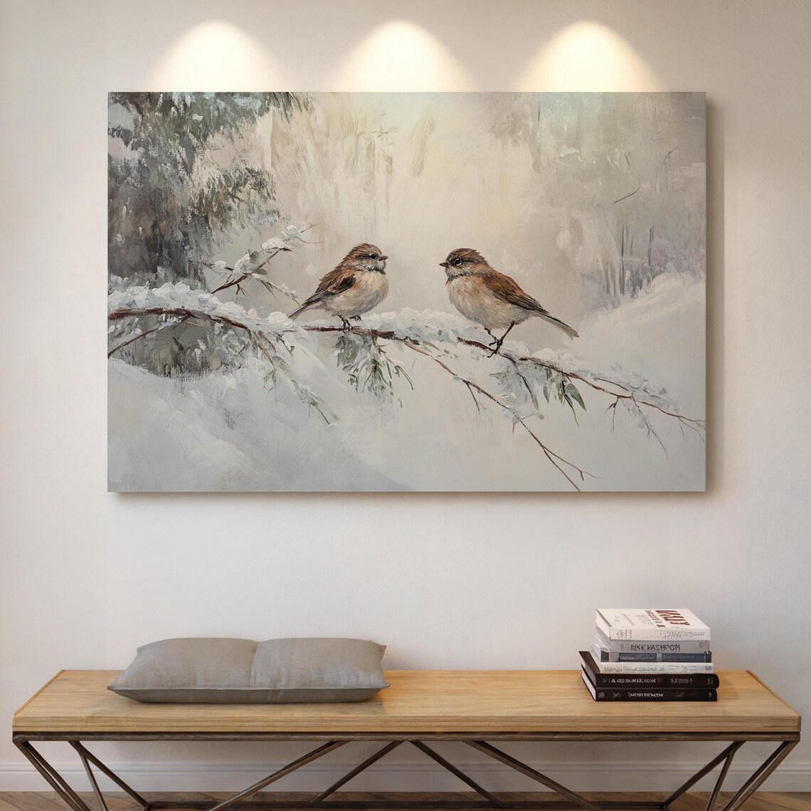 Winter Birds, Sparrows On Snowy Branch Art Print