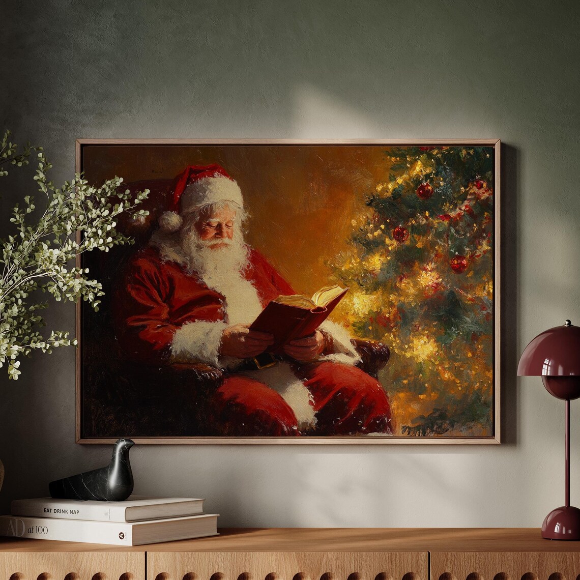 Santa Claus Reading Christmas Eve Story By Warm Tree Light Poster