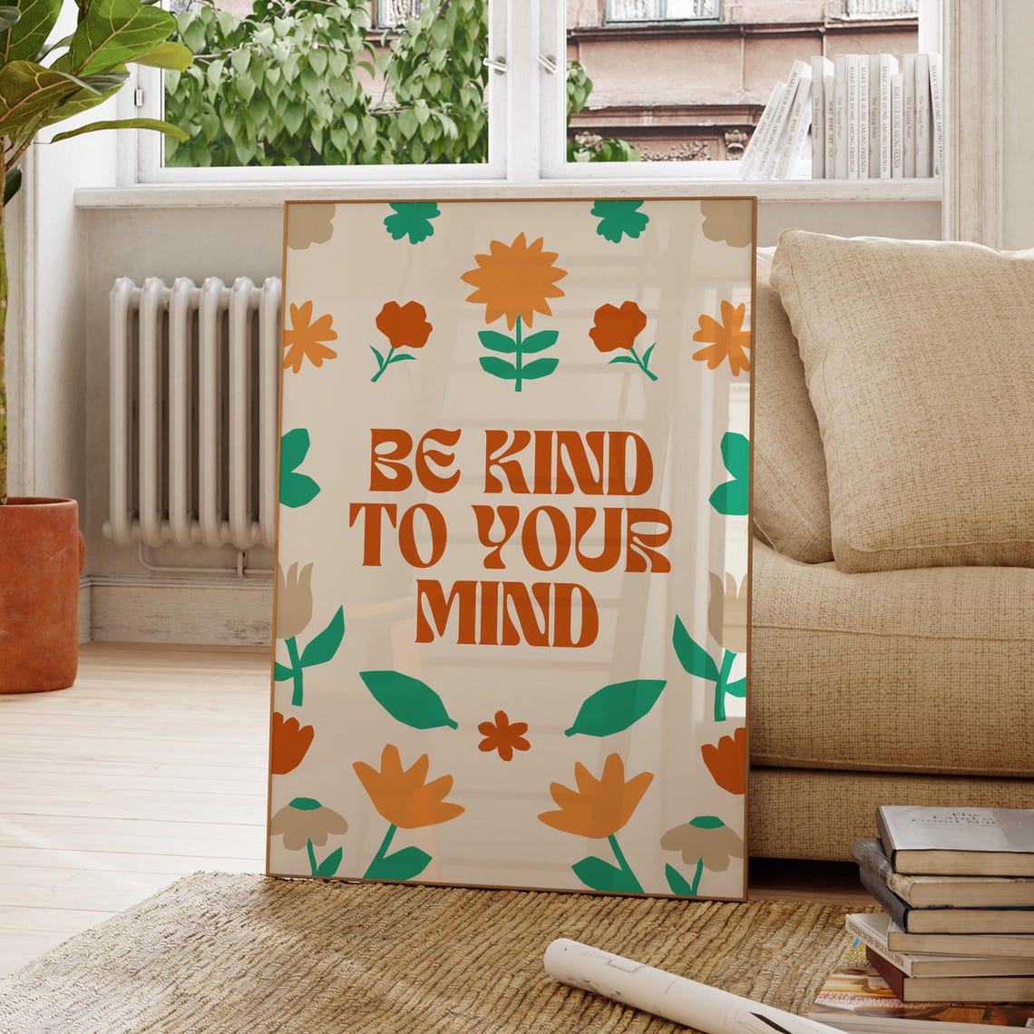 Cheerful Be Kind To Your Mind Groovy Retro Floral Quote Poster