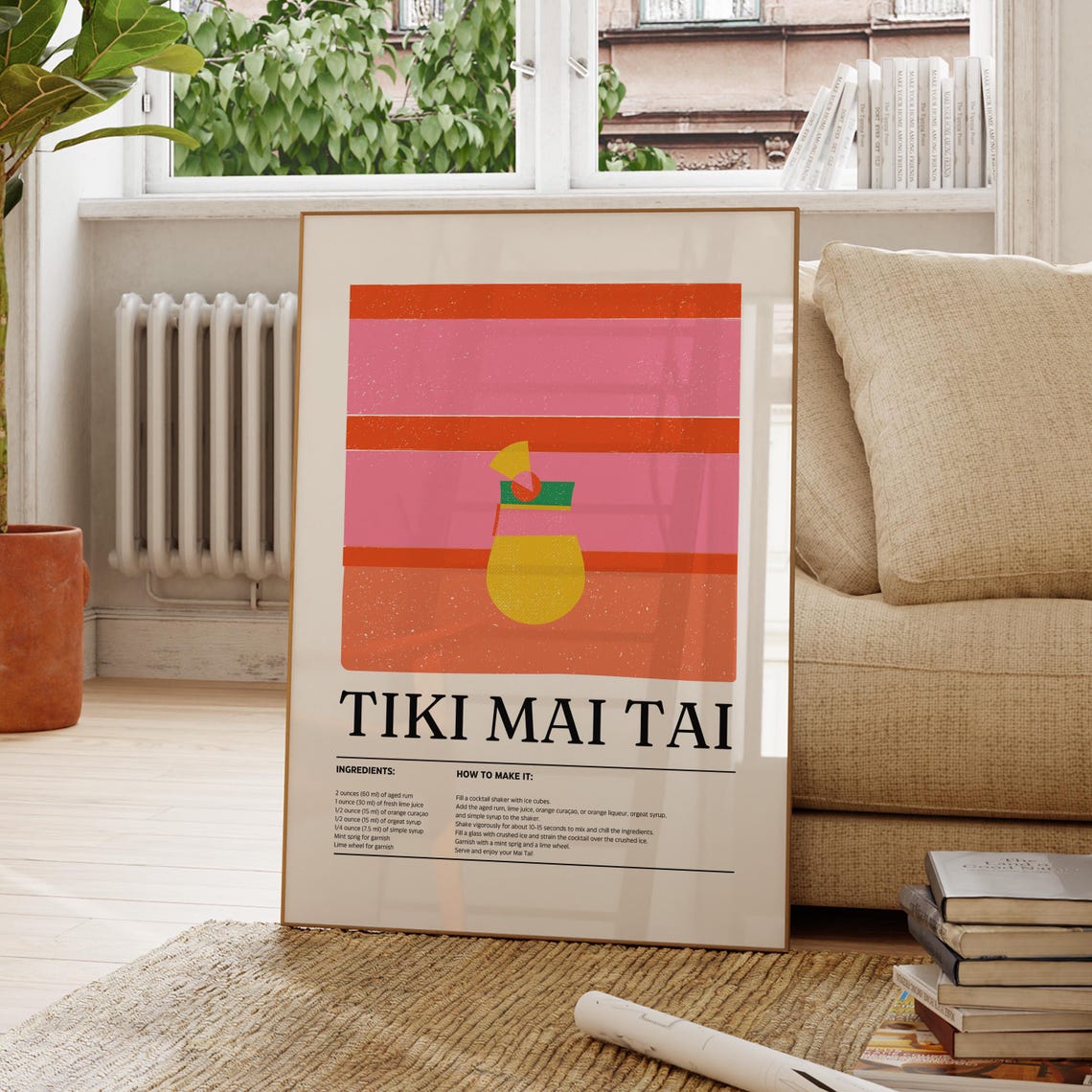 Tiki Mai Tai Cocktail Recipe Retro Striped Illustration Wall Art
