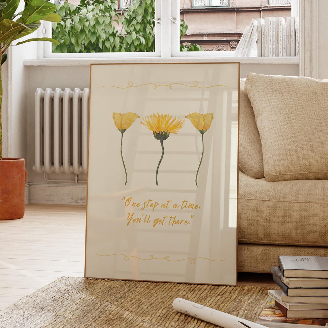 One Step At A Time Yellow Watercolor Flower Quote Art Poster