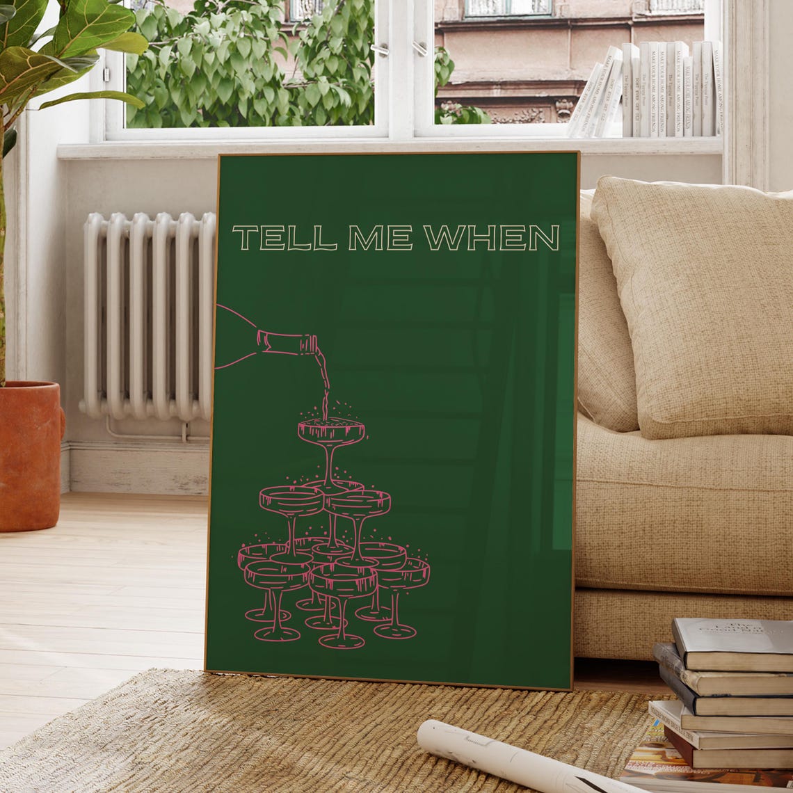 Tell Me When Champagne Tower Pink Line Art on Deep Green Poster