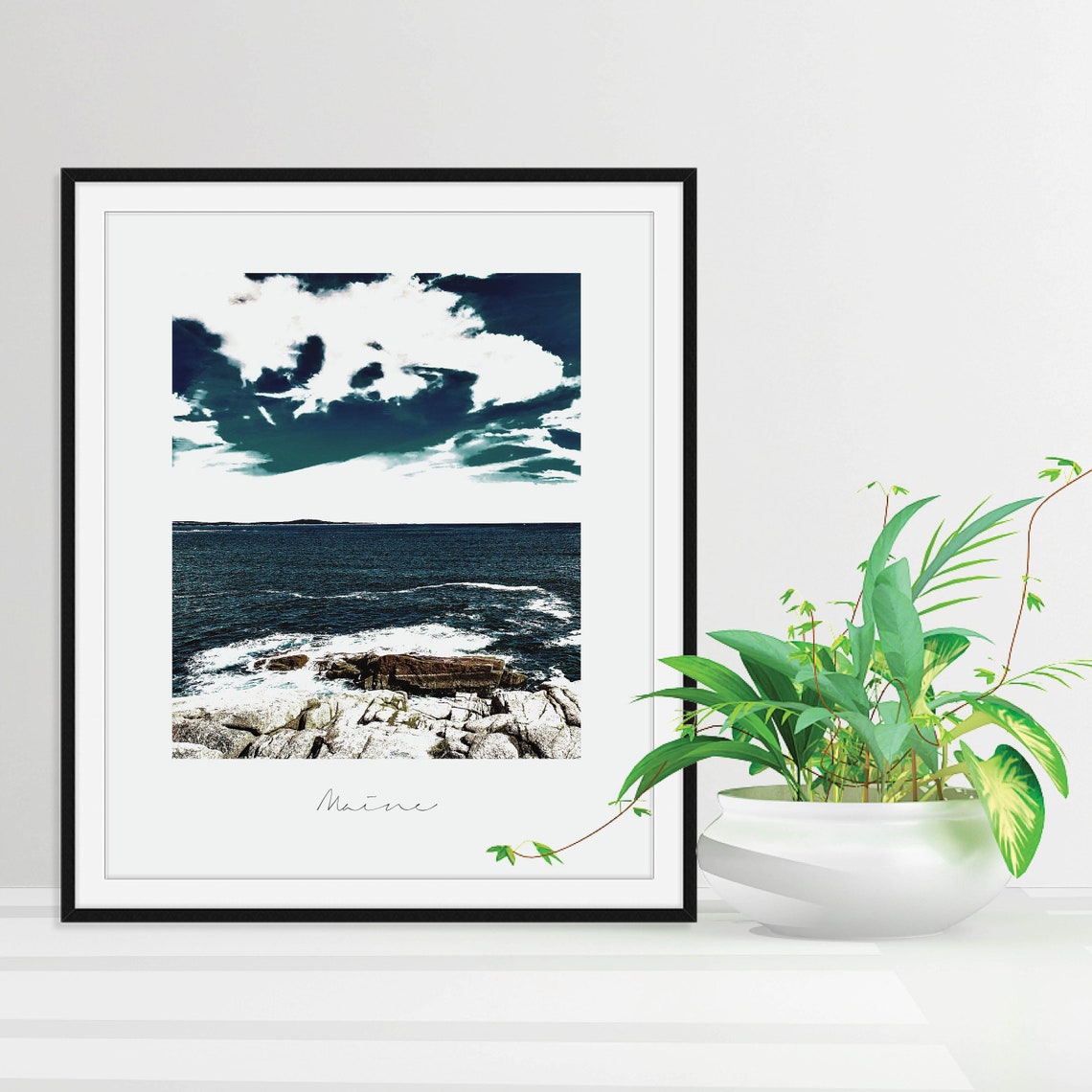 Maine Rocky Coast Ocean Waves Photography Black White Coastal Wall Art