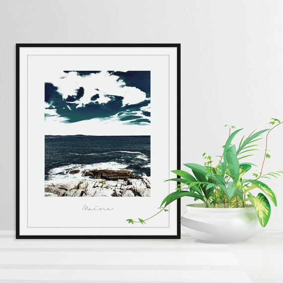 Maine Rocky Coast Ocean Waves Photography Black White Coastal Wall Art