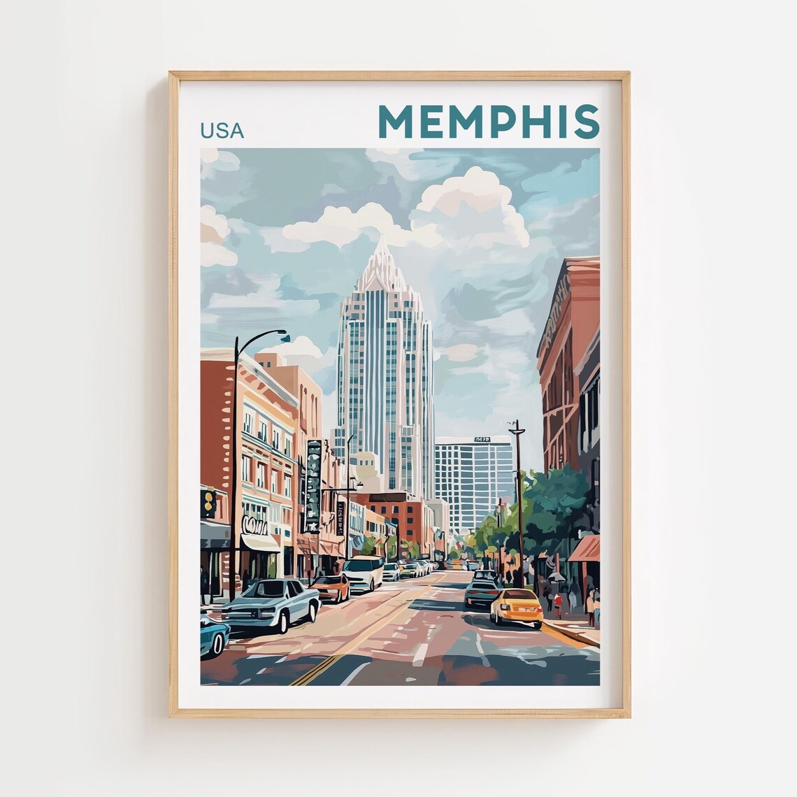 Memphis USA Downtown Skyline Mid Century Retro Travel Poster