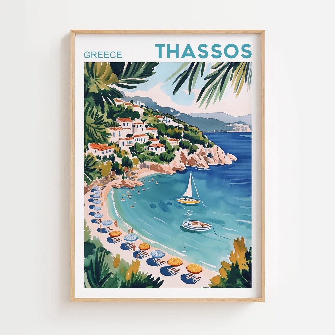 Thassos Greece Island Beach Sailboat Cove Watercolor Travel Poster
