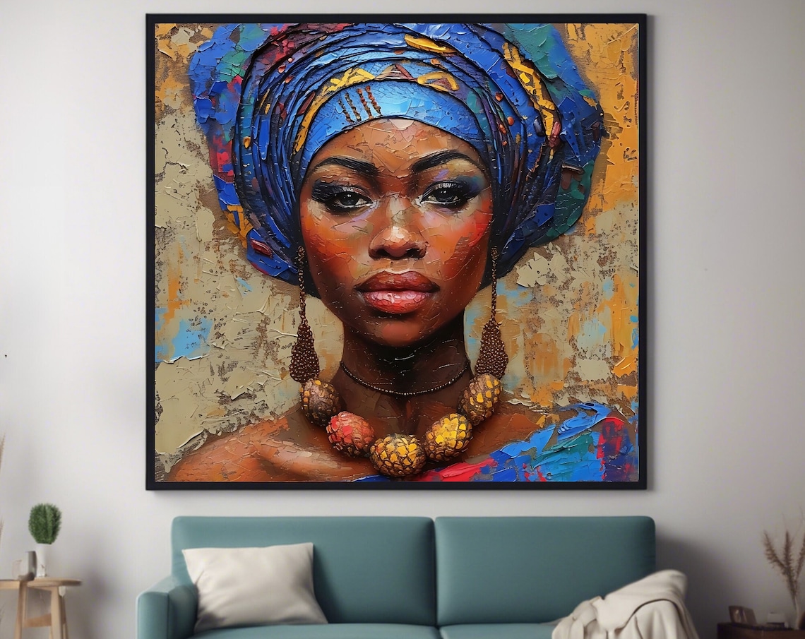 African Woman Blue Headwrap Portrait Cultural Oil Painting Art Poster - Image 4