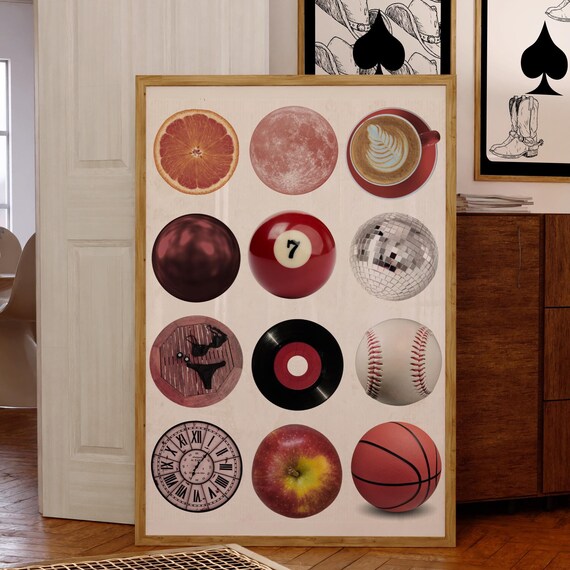 Retro Red Circle Collage Vinyl Moon Disco Ball Eclectic Wall Art Print