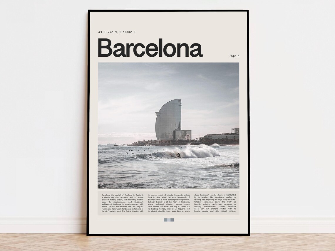 Barcelona Barceloneta Beach Surf Waves Spain Travel Art Poster