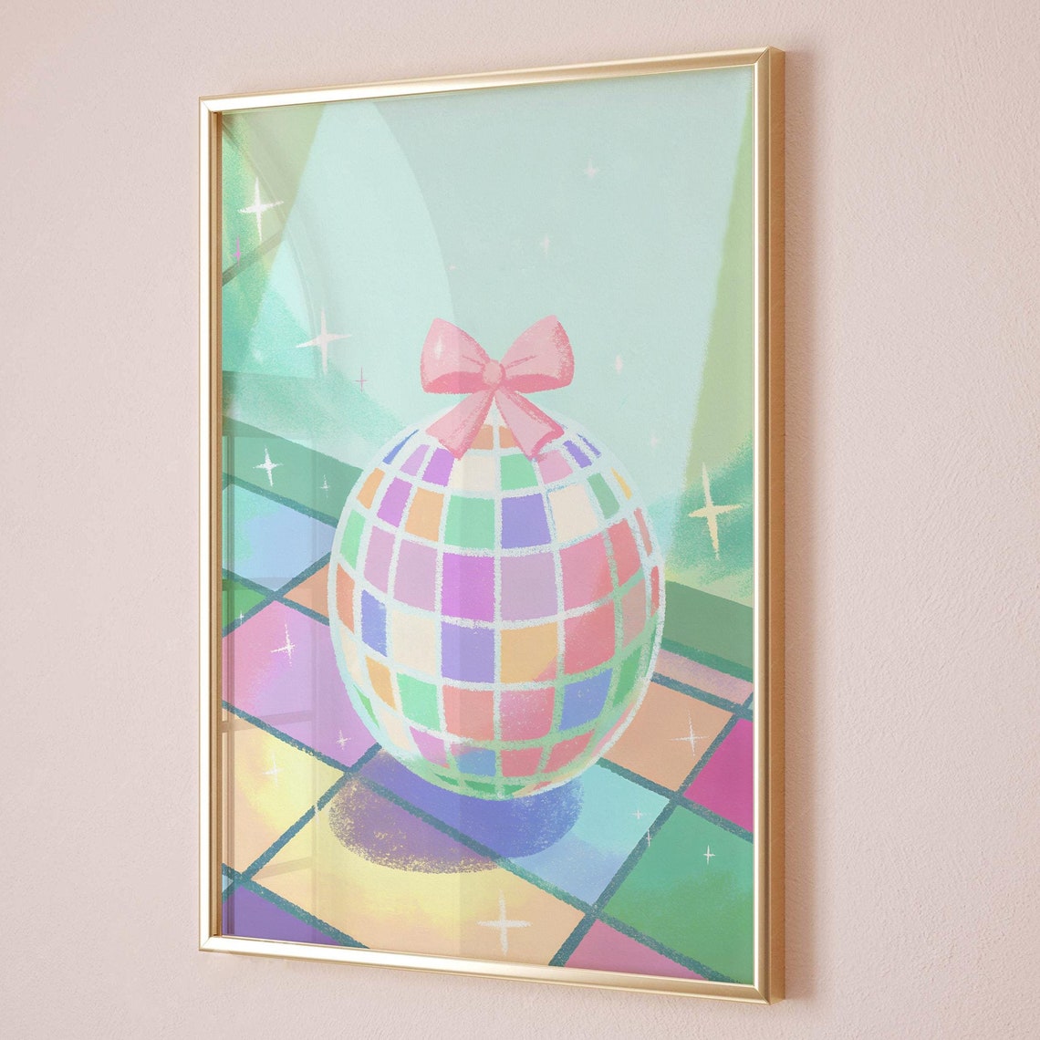 Pastel Rainbow Disco Ball with Pink Bow Retro Dance Floor Poster