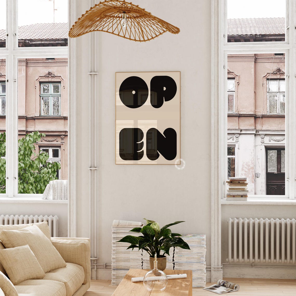 OPEN Bubble Letter Typography Poster Cream Black Minimal Decor - Image 2
