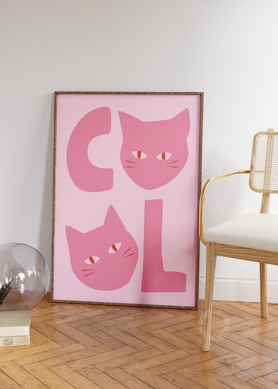Pink Cat Poster Cool Wall Art Cat Wall Art Print Cute Kitten Illustration Cat Lover Gift Large Art Funny Cat Poster