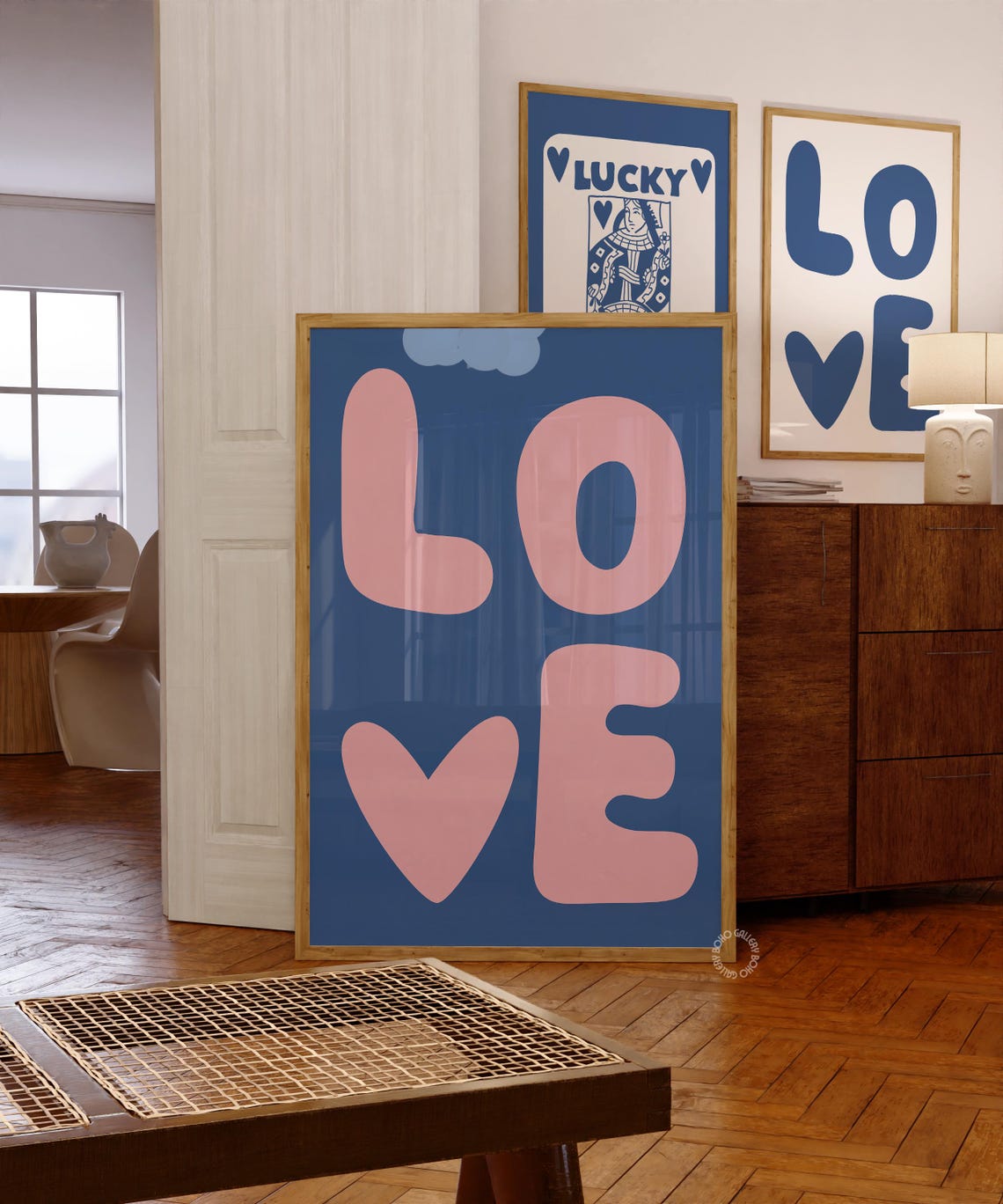 Love Typography Pink Letters Navy Blue Chunky Heart Retro Poster - Image 2