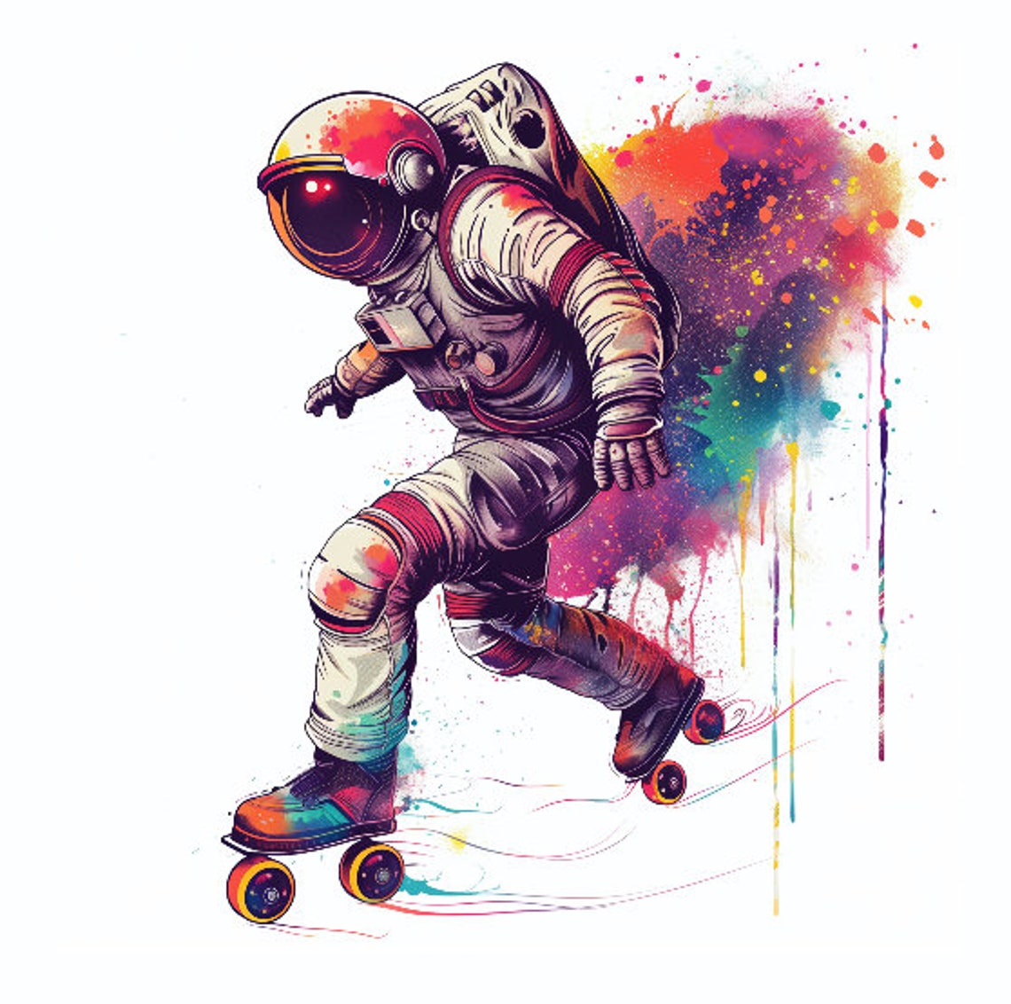 Astronaut Roller Skating Retro Fun Space Watercolor Art Poster - Image 3