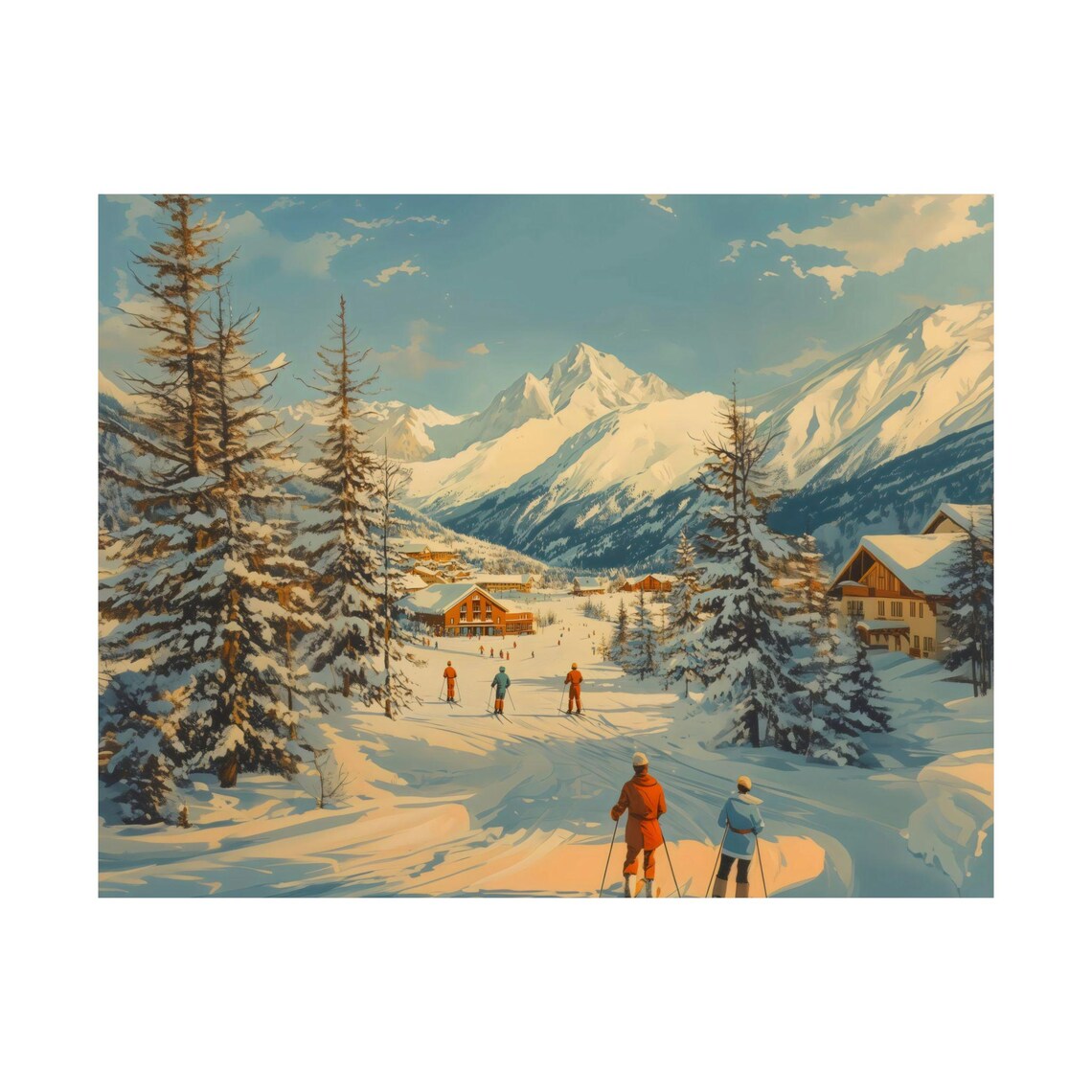 Retro Ski Resort Painting Snow Covered Mountains And Chalets Print - Image 3