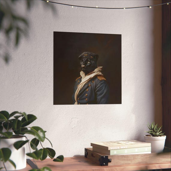 Maximalist Eclectic Victorian Sailor Panther Poster Print Bold Altered Animal Portrait Fantasy Fun Colorful Renaissance Rustic Art